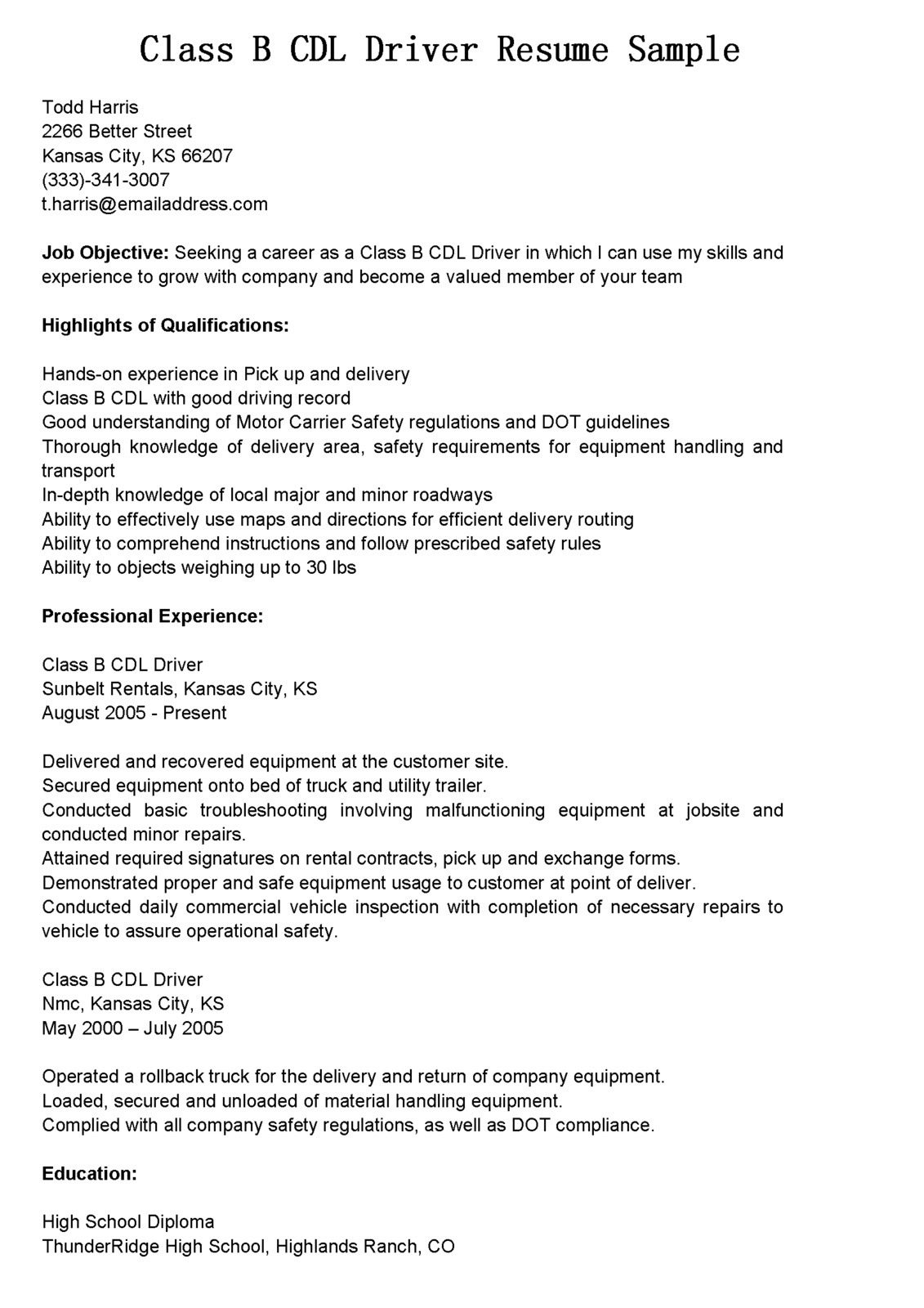 Otr truck driver resume